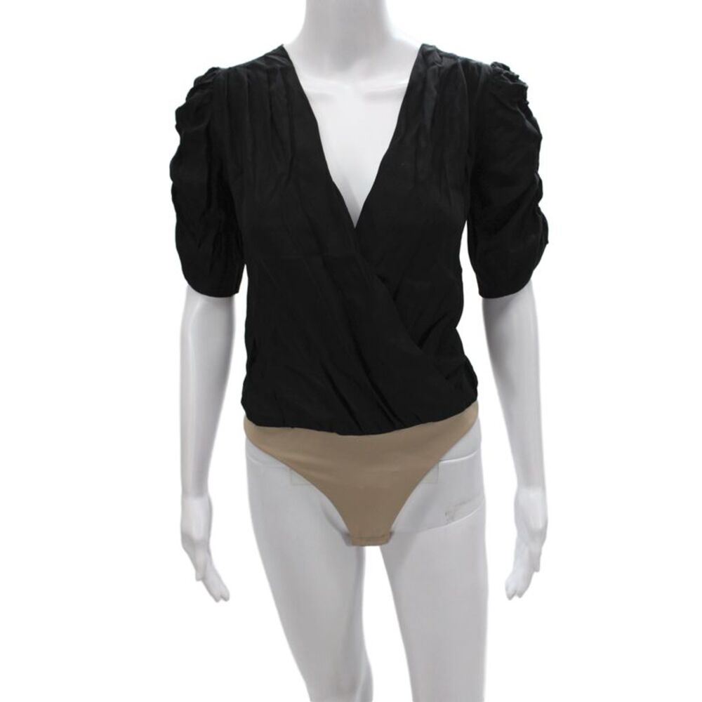 Amanda Uprichard Women Silk V-Neck Short Sleeve Bodysuit Black Size S